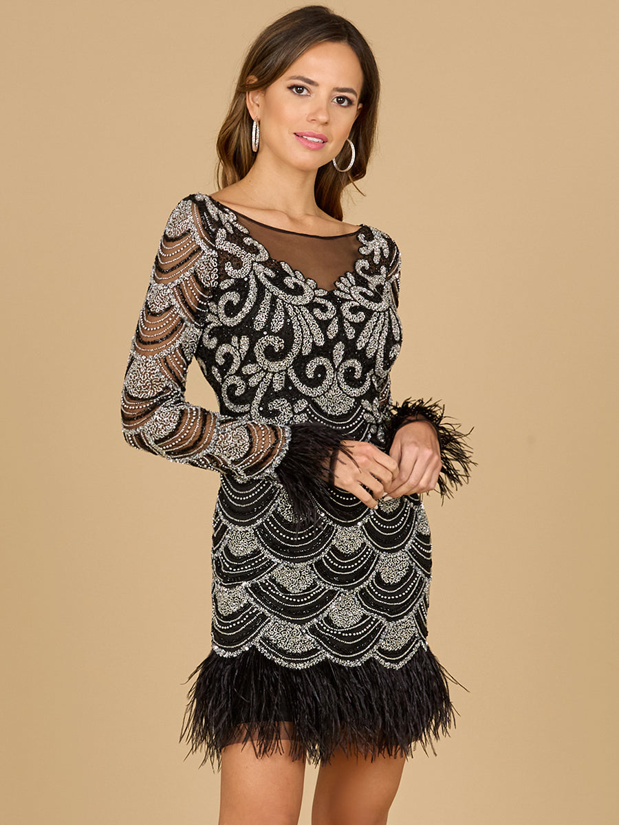 Beaded Short Dress with Feathers and Sleeves