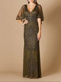 Cape Sleeve V-Neck Beaded Gown
